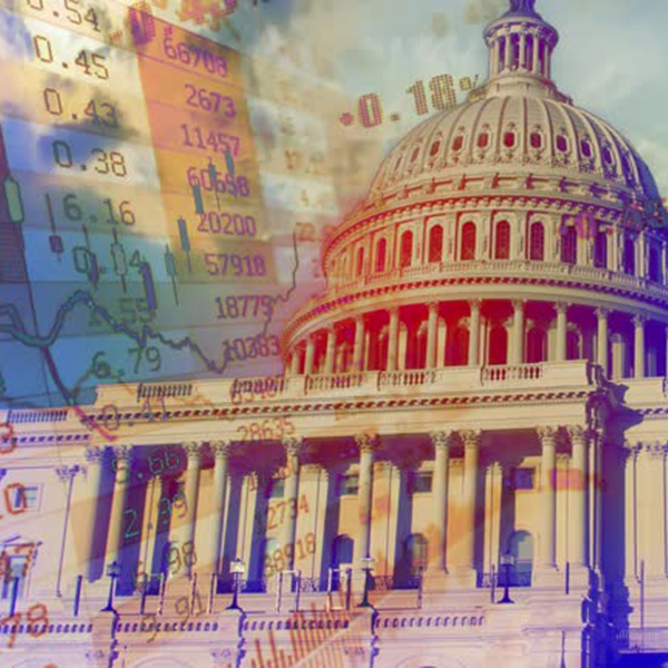 An image of the US Capitol Building, with an overlay of stock market charts and data figures overlayed on top of it.