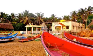 Image of colorful boats on the shore of India.
