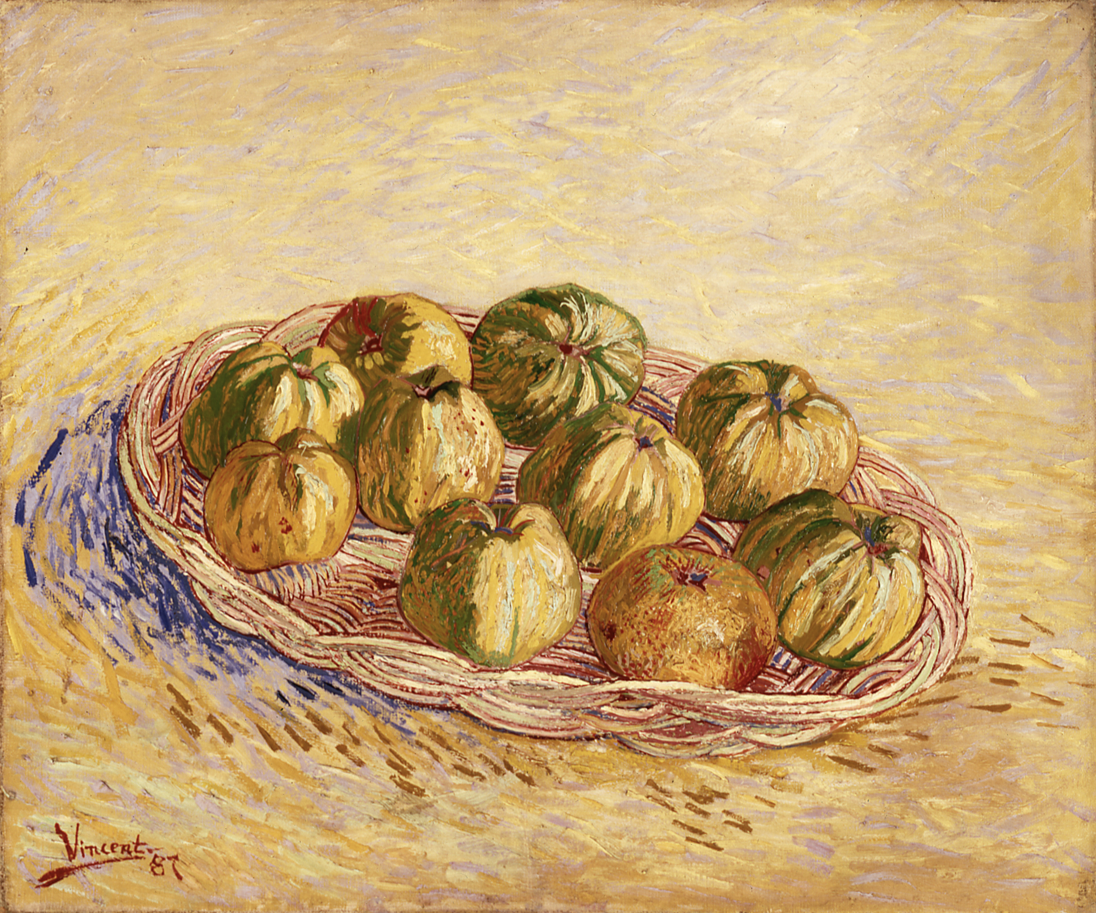 A yellow-toned Van Gogh painting of a basket of apples