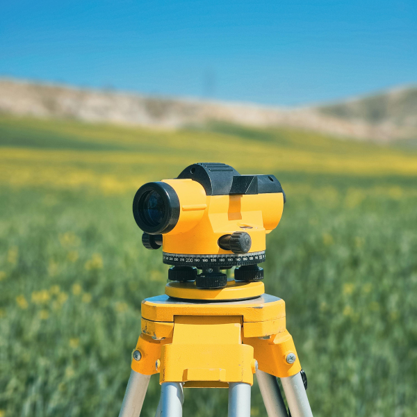 Survey tool set up on a tripod in a scenic field.