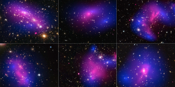Images of six different galaxy clusters taken with NASA’s Hubble Space Telescope (blue) and Chandra X-ray Observatory (pink) in a study of how dark matter in clusters of galaxies behaves when the clusters collide. (Credit: NASA and ESA)