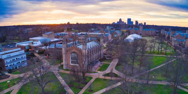 Graham chapel aerial view at dusk