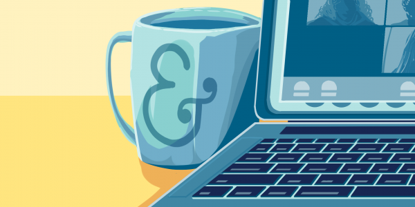 illustration of open laptop and mug with an ampersand 