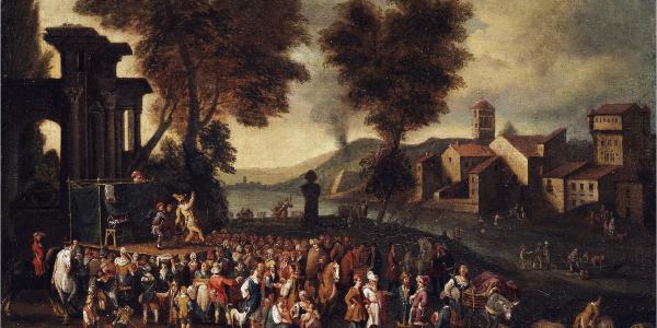 Painting by Peeter van Bredael, Commedia dell'arte Scene in an Italian Landscape