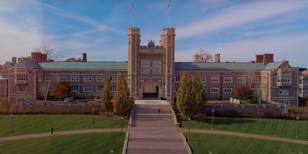 Aerial view of Brookings Hall on the Danforth Campus