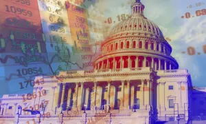 An image of the US Capitol Building, with an overlay of stock market charts and data figures overlayed on top of it.